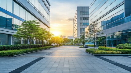 Fototapeta premium Modern Business District at Sunset with Glass Buildings and Lush Greenery Perfect for Urban Landscape Photography and Commercial Use