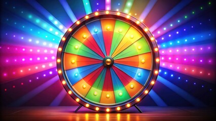 A brightly lit, spinning wheel of fortune with colorful segments under the glow of stage lights.