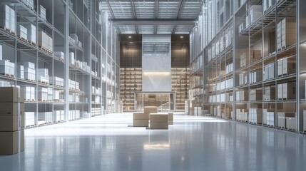 A futuristic technology retail warehouse that analyzes goods, cardboard boxes, and products delivery information in logistics and distribution centers using Industry 4.0 processes