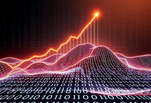 A futuristic financial landscape with a glowing line chart rising upwards, surrounded by a matrix of binary code (0s and 1s) cascading down in a grid-like pattern.