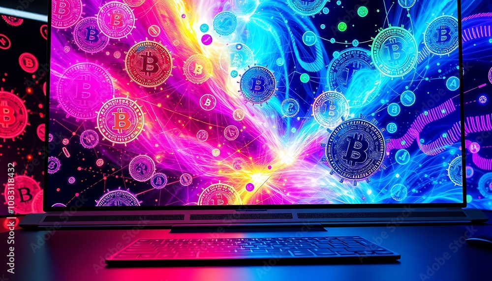 Poster a futuristic computer screen displays a mesmerizing array of abstract cryptocurrencies, each one rad