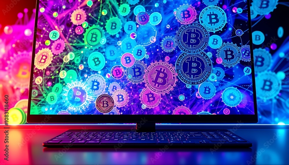 Poster a futuristic computer screen displays a mesmerizing array of abstract cryptocurrencies, each one rad