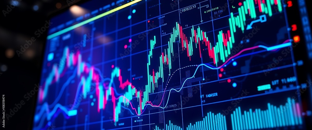 Poster a futuristic computer screen displaying a mesmerizing abstract economic chart, with vibrant neon hue