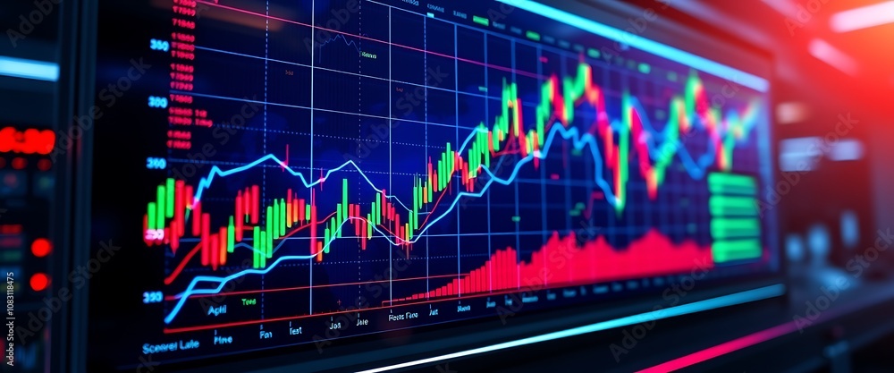 Poster a futuristic computer screen displaying a mesmerizing abstract economic chart, with vibrant neon hue