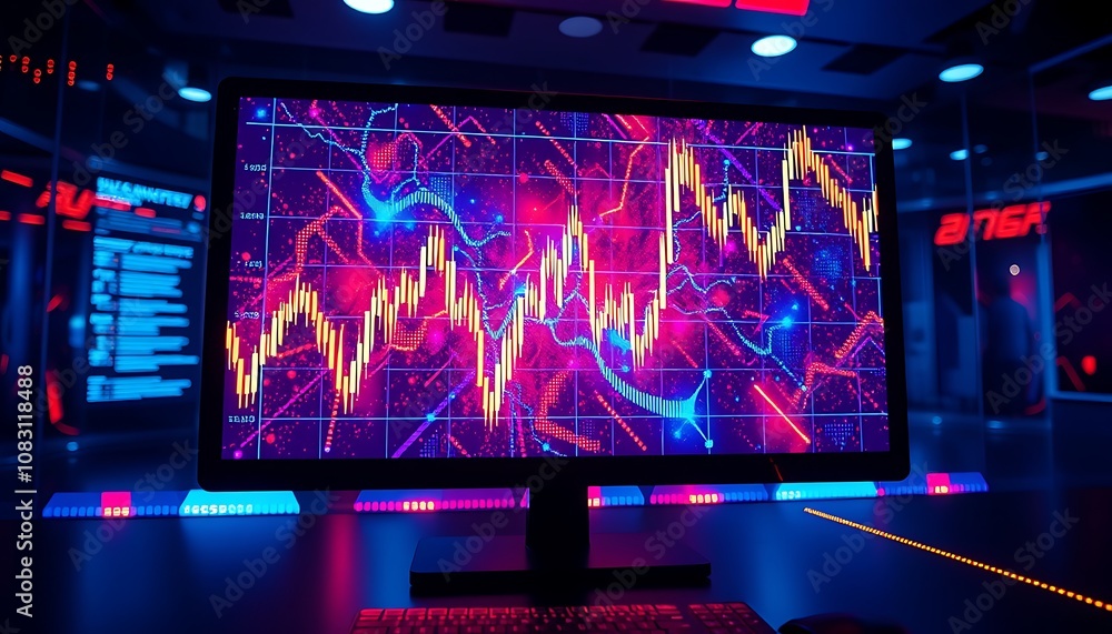 Poster a futuristic computer screen displaying a mesmerizing abstract economic chart, with vibrant neon hue