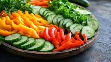 Colorful assortment of fresh sliced vegetables on a wooden platter