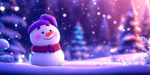 3D animated christmas snowman, winter wonderland background