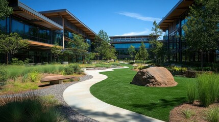 Obraz premium Serene Modern Landscape Design Featuring Natural Elements, Green Grass, Concrete Pathway, and Contemporary Architecture in Bright Daylight