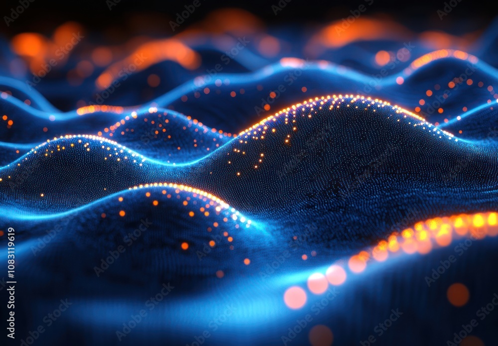 Poster here's a and keyword list suitable for stock photo submission.. abstract glowing blue and orange wav