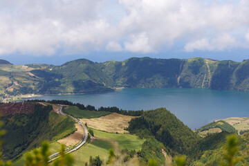 Panoramic view over Lake of Sete Cidades (Lagoa das Sete Cidades). Sao Miguel island, Azores, Portugal