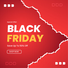 Obraz premium Black Friday Special Offer With Up to 50 Percent Off. An Exciting Black Friday Promotional Banner Featuring Bold Typography and Vibrant Colors, Highlighting a Special Offer to Save Up to 50 Percent.