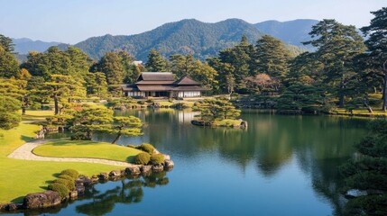 Obraz premium Tranquil Japanese Garden with Serene Water Reflection and Mountain View in Autumn Sunshine, Perfect for Relaxation and Nature Appreciation