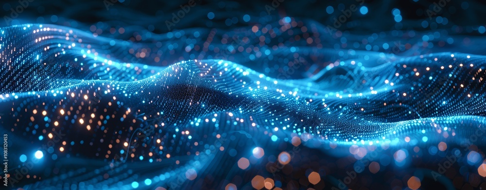 Poster digital particle wave: futuristic blue dots and lines on abstract cyberspace background