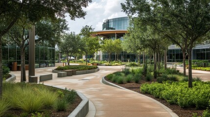 Fototapeta premium Serene Outdoor Pathway with Lush Greenery and Modern Architecture in a Tranquil Urban Park Setting Under a Calm Sky