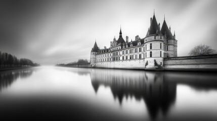 Obraz premium Majestic Black and White Reflection of a Historic French Castle on a Serene River Under a Cloudy Sky with Barren Trees in the Background