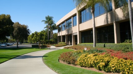Beautiful Modern Office Building Surrounded by Lush Green Landscapes and Vibrant Flower Beds in a Clear Blue Sky Setting