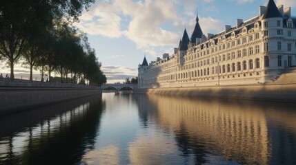 Serene waters reflect the historic architecture and charming skyline of a magnificent French building beside a tranquil river at sunrise, inviting peaceful exploration