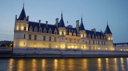 Fototapeta premium Illuminated Historical Castle by the River Seine at Dusk, Featuring Architectural Beauty and Romantic Atmosphere of Paris, France