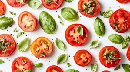 Naklejka premium Sliced tomatoes and basil leaves arranged in a pattern on a white background.