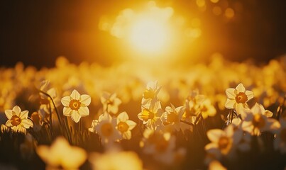 Sunlit Daffodils in Bloom at Golden Hour Sunset