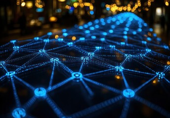 Obraz premium Here's a and keyword list for your image... Glowing Network Connections at Night.