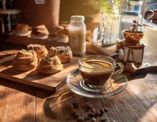 Fototapeta premium Rustic Coffee Bar Featuring a Freshly Brewed Espresso, Artisan Gluten-Free Pastries, and a Variety of Organic Condiments for a Cozy and Relaxing Morning Break