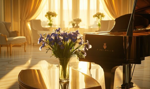 Elegant Piano Room with Flowers and Sunlight