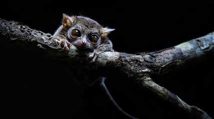 Fototapeta premium A Close-Up of a Unique and Adorable Nocturnal Animal Sitting on a Branch in Dark Surroundings, Showcasing its Big Eyes and Expressive Face