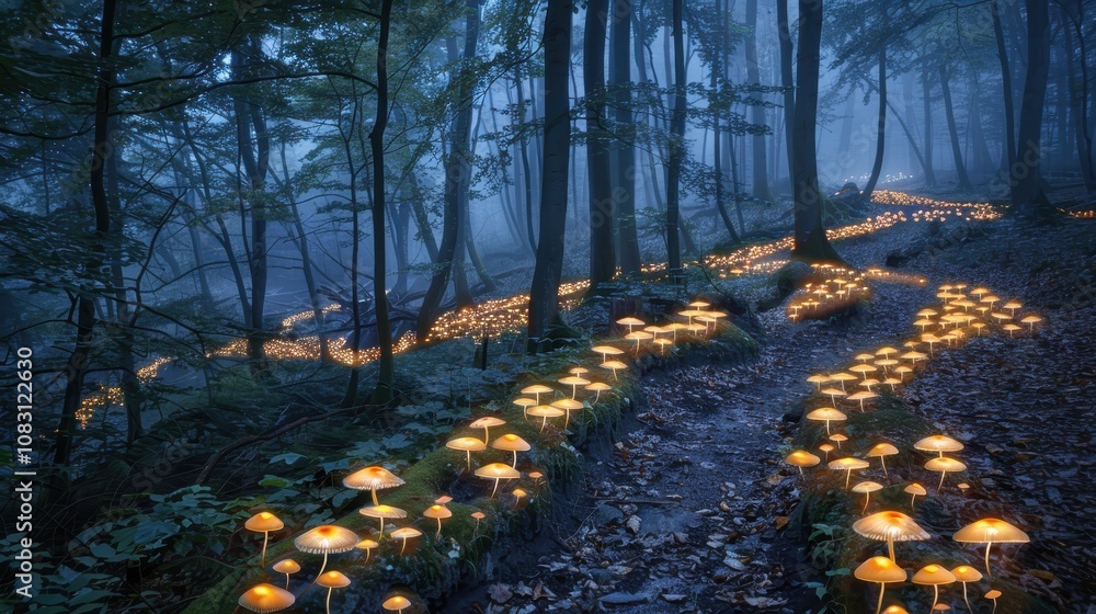 Poster enchanted forest pathway with glowing mushrooms in a mystical twilight setting surrounded by tall tr