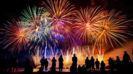 Obraz premium Spectacular Night Sky Filled with Colorful Fireworks Bursting Above Silhouetted Crowd Celebrating in a Vibrant Display of Light and Color near a Calm Water Surface