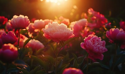 Fototapeta premium Vibrant Peony Garden at Sunset