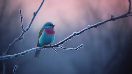 Colorful bird perched on a frosty branch at dawn