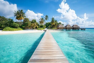 Fototapeta premium Tropical beach vacation with palm trees turquoise waters and wooden pier on island paradise