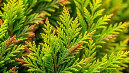 A close-up shot of delicate evergreen foliage with a vibrant green hue and hints of reddish-brown at the tips of the needles.