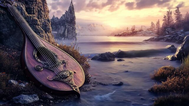 A richly detailed lute lies near the waters edge of a calm lake