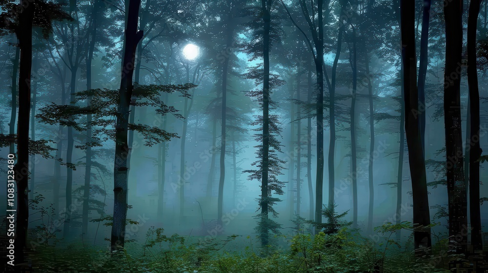 Aufkleber serene misty forest with tall trees and moonlight peering through fog, creating an enigmatic atmosph