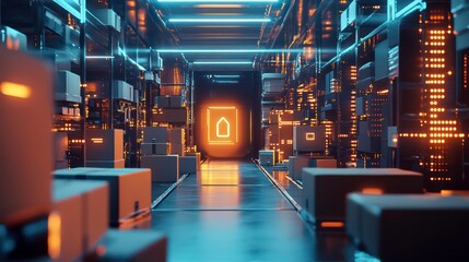 A futuristic technology retail warehouse that analyzes goods, cardboard boxes, and products delivery information in logistics and distribution centers using Industry 4.0 processes