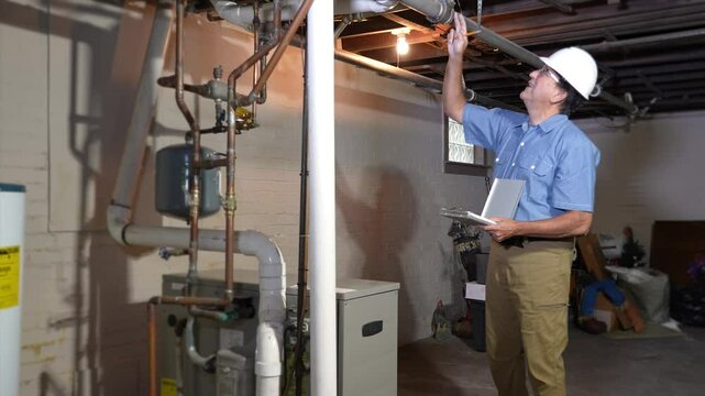 A wide shot view of an HVAC repair man inspecting the pipes of a household basement furnace, preparing for winter heating needs.
