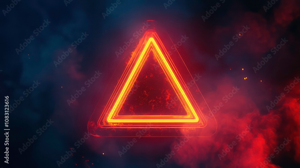 Aufkleber glowing red triangle frame with smoke and particles on dark background.