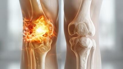 Obraz premium A 3D illustration of a human knee joint with the left knee showing pain and the right knee being healthy.