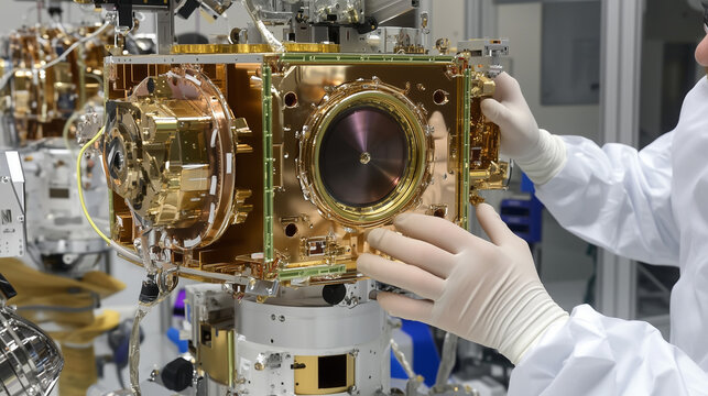 Satellite assembly process in high-tech facility. Precision engineering and advanced technology for space exploration and communication