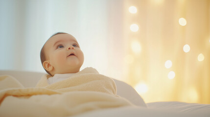 Baby Wrapped in Soft Blanket on Simple Bed with Peaceful Expression