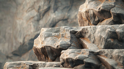 A close-up of irregularly shaped rock podiums