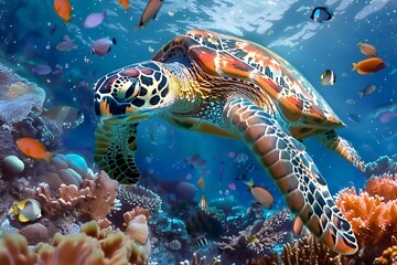 Fototapeta premium A sea turtle swims through a vibrant coral reef, surrounded by colorful fish. (1)