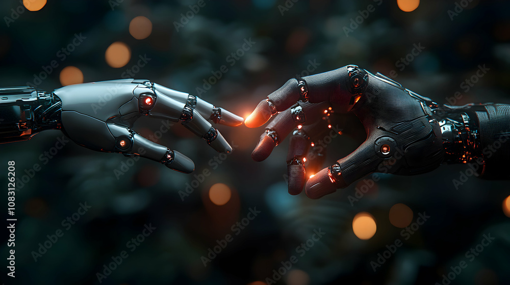 Poster 3d render of two robotic hands reaching, connecting with glowing energy against a dark abstract back