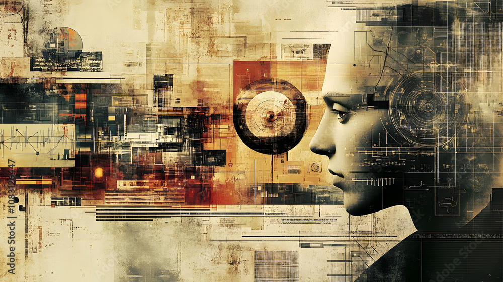 Poster abstract digital portrait: a grunge-textured ai head overlapping with technological schematics and d