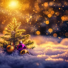 Fototapeta premium a small tiny christmas tree full of a lot of colorful christmas baubles in a snowy forest, the light shines bright through the tree, nowflakes float gently through the air, winter air, - Generative AI
