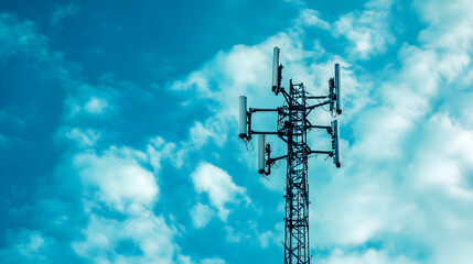Obraz premium Cellular Tower Against a Cloudy Blue Sky: A Detailed View of Wireless Communication Infrastructure