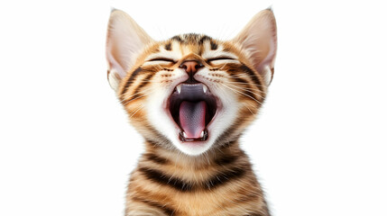 Fototapeta premium Close-up Photo of a Bengal Kitten Yawning Widely Against White Background