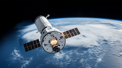 Cargo spacecraft slowly approaching a large space station, symbolizing the advancement and collaboration in space exploration